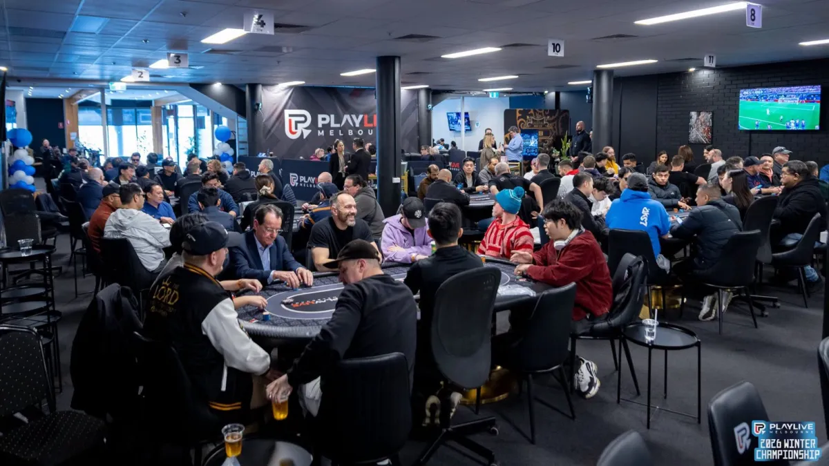 Players seated at every table across the PlayLive Melbourne main floor during the 2026 Winter Championship, under the branded backdrop.